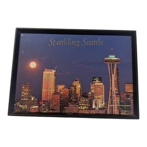 Vintage Framed Space Needle Seattle WA At Night Refrigerator Fridge Magnet 3.5"